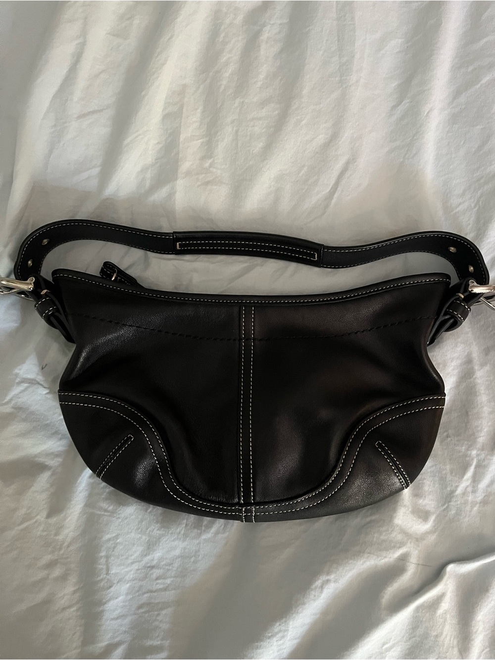 Coach Black Leather Shoulder Bag with White Contrast Stitching circa 2003
